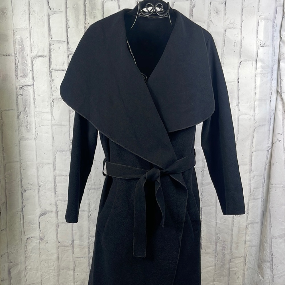 Made in France Black Felt Trench Coat Wide Collar Open Front Belted with Pockets